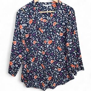 Daniel Rainn Top Womens Large Blue Floral Print Semi Sheer V Neck Blouse Casual
